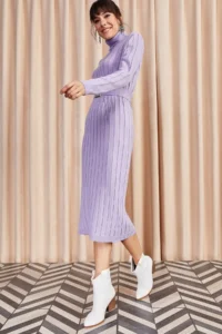 Olalook Women's Lilac Belted Thick Ribbed Knitwear Dress - Image 4