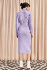 Olalook Women's Lilac Belted Thick Ribbed Knitwear Dress - Image 5