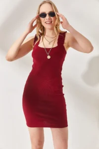 Olalook Women's Burgundy Strap Frilly Lycra Camisole Dress - Image 3