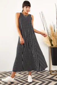 Olalook Women Black Striped LONG Casual Dress