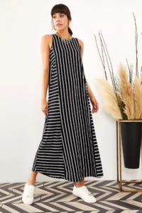 Olalook Women Black Striped LONG Casual Dress - Image 2