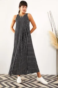 Olalook Women Black Striped LONG Casual Dress - Image 3