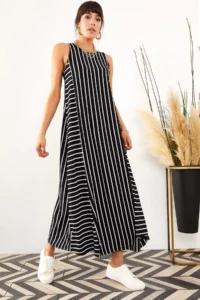 Olalook Women Black Striped LONG Casual Dress - Image 4