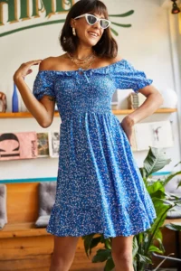 Olalook Women's Saks Blue Gimped Collar Tie-Up Flared Dress - Image 6