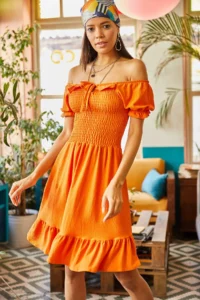 Olalook Women's Orange Gimped Collar Tie-Down Flared Dress Dress - Image 2