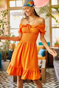 Olalook Women's Orange Gimped Collar Tie-Down Flared Dress Dress - Image 3