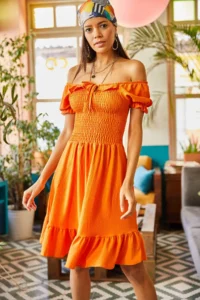 Olalook Women's Orange Gimped Collar Tie-Down Flared Dress Dress - Image 4