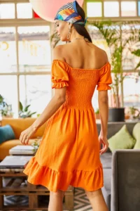 Olalook Women's Orange Gimped Collar Tie-Down Flared Dress Dress - Image 5