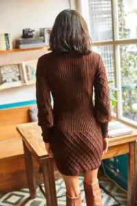 Olalook Women's Bitter Brown Sleeve and Skirt Textured Knitwear Dress - Image 5
