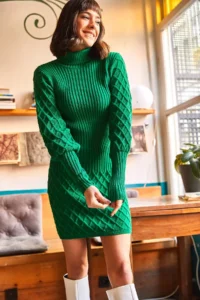 Olalook Women's Grass Green Sleeve and Skirt Textured Knitwear Dress - Image 4