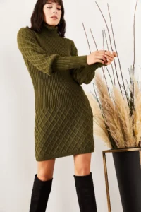 Olalook Women's Khaki Sleeve and Skirt Textured Knitwear Dress