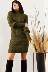 Olalook Women's Khaki Sleeve and Skirt Textured Knitwear Dress - Image 2