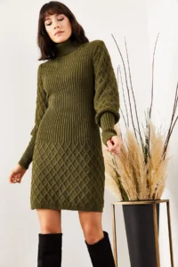 Olalook Women's Khaki Sleeve and Skirt Textured Knitwear Dress - Image 3