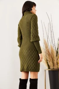 Olalook Women's Khaki Sleeve and Skirt Textured Knitwear Dress - Image 4