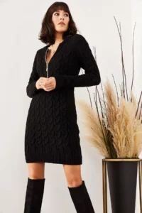 Olalook Women's Black Zipper Braided Knitwear Dress - Image 2