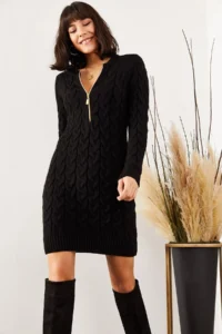 Olalook Women's Black Zipper Braided Knitwear Dress - Image 3