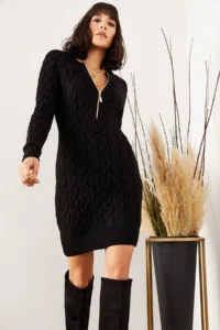 Olalook Women's Black Zipper Braided Knitwear Dress - Image 4