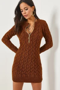 Olalook Dark Brown Zippered Braided Knitwear Dress - Image 2