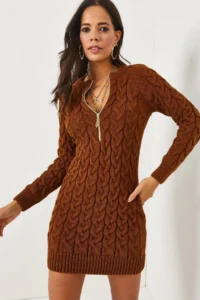 Olalook Dark Brown Zippered Braided Knitwear Dress - Image 3