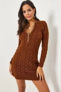 Olalook Dark Brown Zippered Braided Knitwear Dress - Image 4