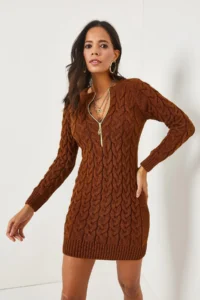 Olalook Dark Brown Zippered Braided Knitwear Dress - Image 5