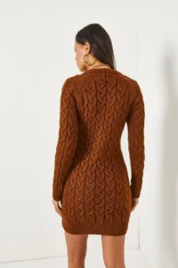 Olalook Dark Brown Zippered Braided Knitwear Dress - Image 6