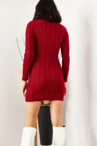 Olalook Women's Burgundy Zippered Braided Knitwear Dress - Image 4