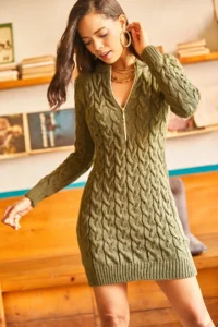 Olalook Women's Khaki Zippered Braided Knitwear Dress - Image 4