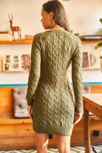 Olalook Women's Khaki Zippered Braided Knitwear Dress - Image 6