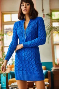 Olalook Women's Saks Blue Zippered Braided Knitwear Dress - Image 2