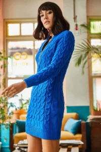 Olalook Women's Saks Blue Zippered Braided Knitwear Dress - Image 3
