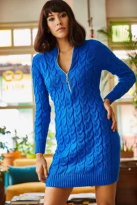 Olalook Women's Saks Blue Zippered Braided Knitwear Dress - Image 4