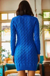 Olalook Women's Saks Blue Zippered Braided Knitwear Dress - Image 5