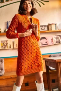 Olalook Women's Orange Zipper Braided Knitwear Dress - Image 2