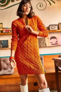 Olalook Women's Orange Zipper Braided Knitwear Dress - Image 3