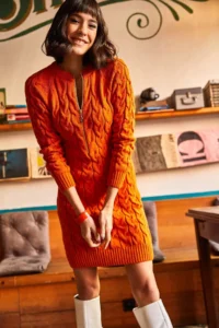 Olalook Women's Orange Zipper Braided Knitwear Dress - Image 4
