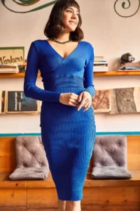 Olalook Women Saks Blue Blue Double breasted Knit Dress