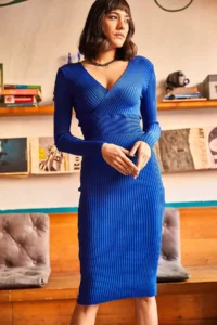 Olalook Women Saks Blue Blue Double breasted Knit Dress - Image 2