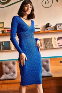 Olalook Women Saks Blue Blue Double breasted Knit Dress - Image 3