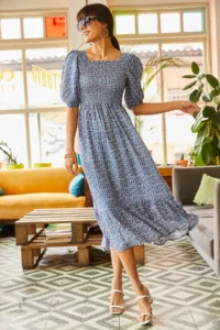 Olalook Women's Indigo Gimped Casual Woven Viscose Dress