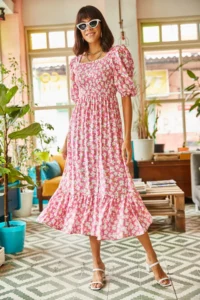 Olalook Women's Pink Gimped Casual Woven Viscose Dress