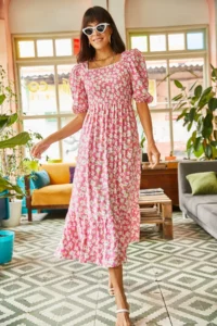 Olalook Women's Pink Gimped Casual Woven Viscose Dress - Image 3