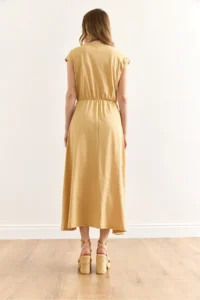 Olalook Women's Beige Elastic Waist Bat Combed Cotton Dress - Image 2
