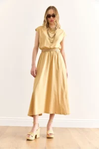 Olalook Women's Beige Elastic Waist Bat Combed Cotton Dress - Image 3