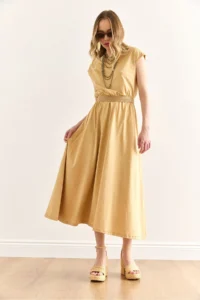 Olalook Women's Beige Elastic Waist Bat Combed Cotton Dress - Image 4