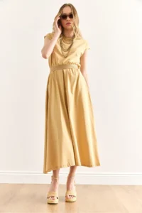 Olalook Women's Beige Elastic Waist Bat Combed Cotton Dress - Image 5