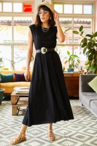 Olalook Women's Black Elastic Waist Bat Combed Cotton Dress