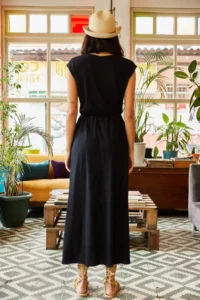 Olalook Women's Black Elastic Waist Bat Combed Cotton Dress - Image 2