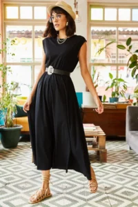 Olalook Women's Black Elastic Waist Bat Combed Cotton Dress - Image 3