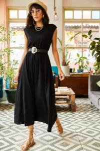 Olalook Women's Black Elastic Waist Bat Combed Cotton Dress - Image 5